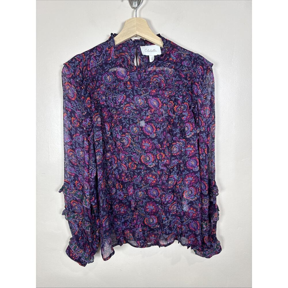Cleobella Womens Peasant Blouse Ruffle Sheer Paisley Balloon Sleeve Boho S - Picture 2 of 13